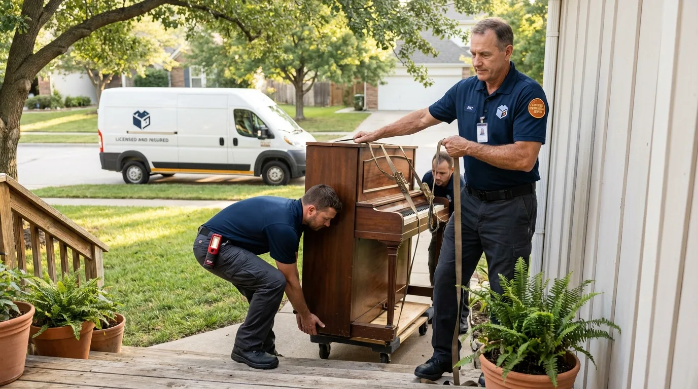 Licensed piano movers securing grand piano in Litchfield, CT