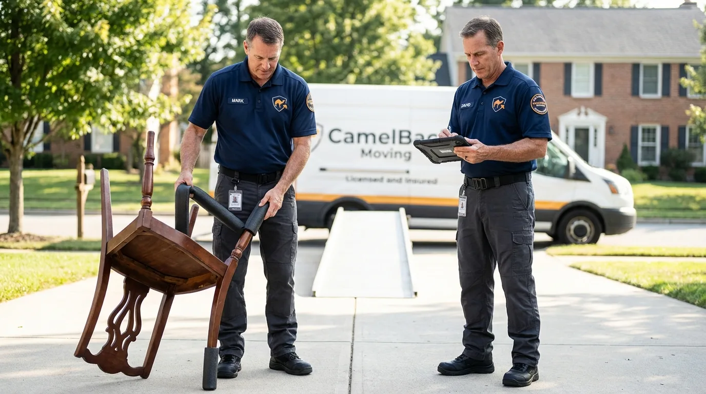 Movers inspecting furniture for damage prevention before loading in Litchfield, CT