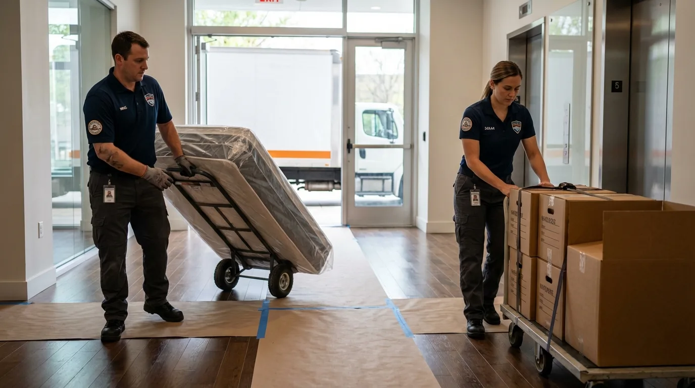 Professional apartment movers loading elevator in Litchfield, CT